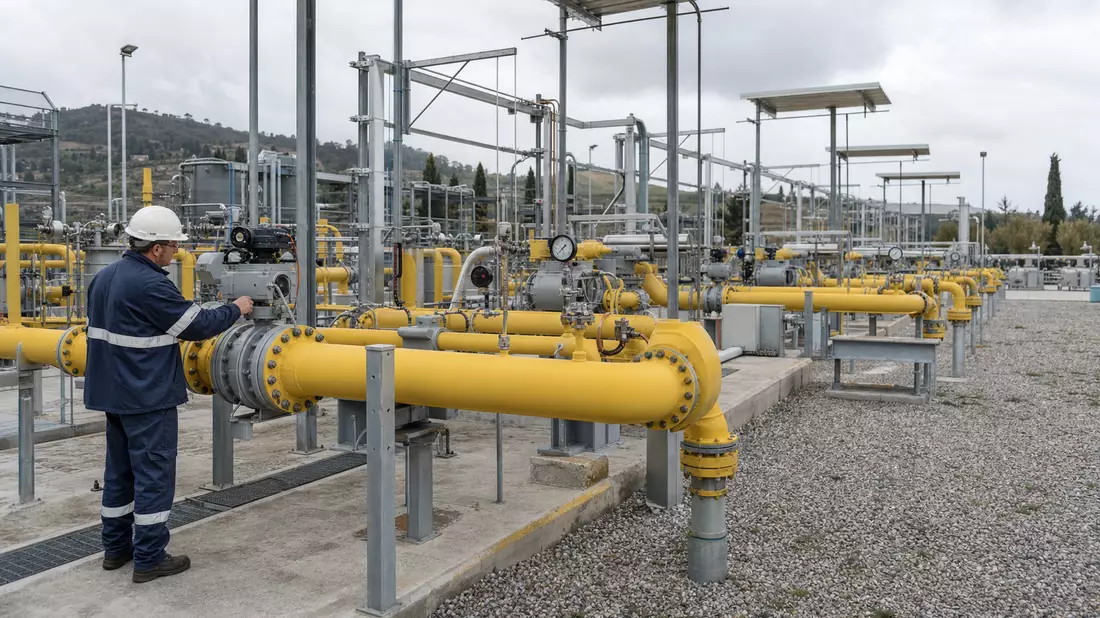 Techniker an gelber Gasdruckregelstation, Fotorealismus zu Italgas S.p.A