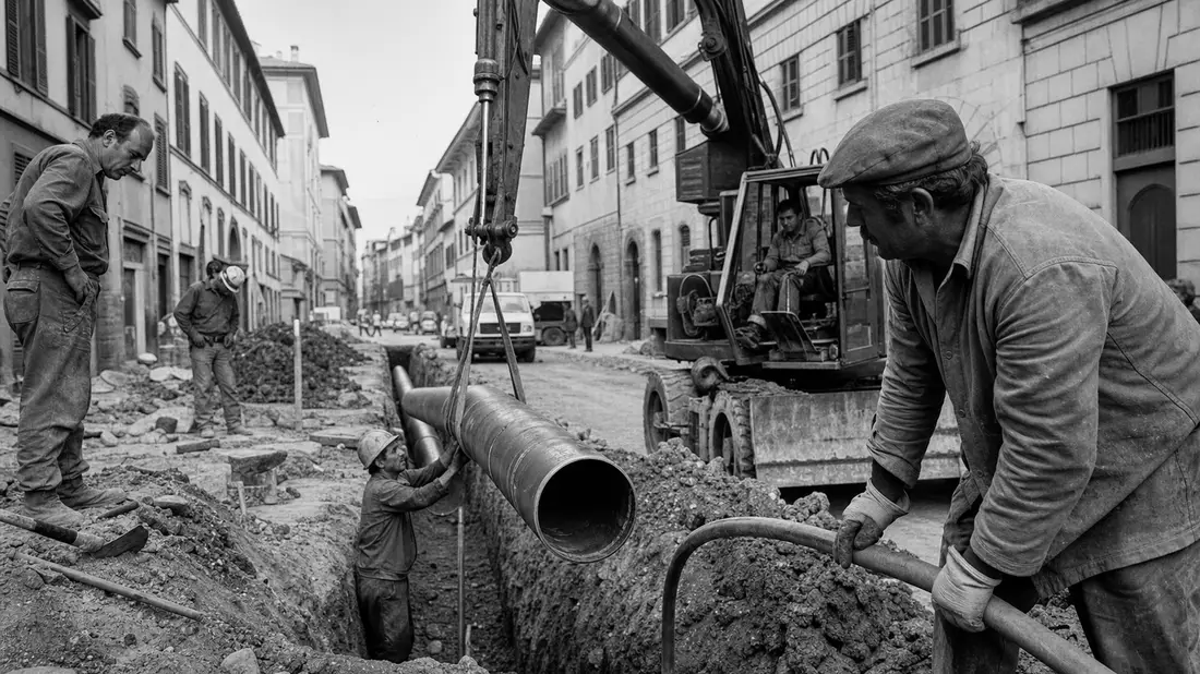 Schwarzweißes Reportagefoto von Gasrohrverlegung in italienischer Altstadtstraße