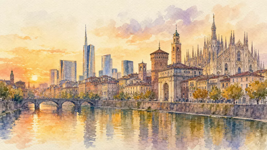 Aquarellmalerei der Mailänder Skyline bei Sonnenuntergang mit Dom und Fluss