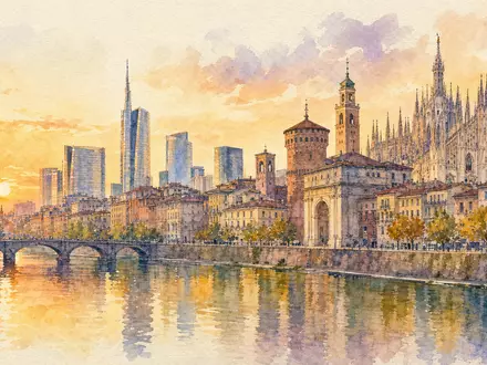 Aquarellbild der MailÀnder Skyline symbolisiert den Firmensitz von Italgas S.p.A. (IT0005211237) in Italiens Wirtschaftszentrum Mailand - Foto: THN