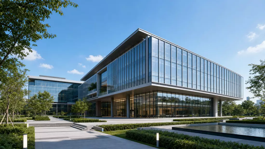 3D-Render eines modernen Glas- und Stahlbürogebäudes mit Grünanlage