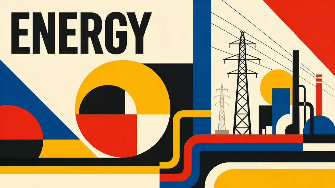 Geometrisches Bauhaus-Poster mit Formen, Strommasten und dem Wort ENERGY