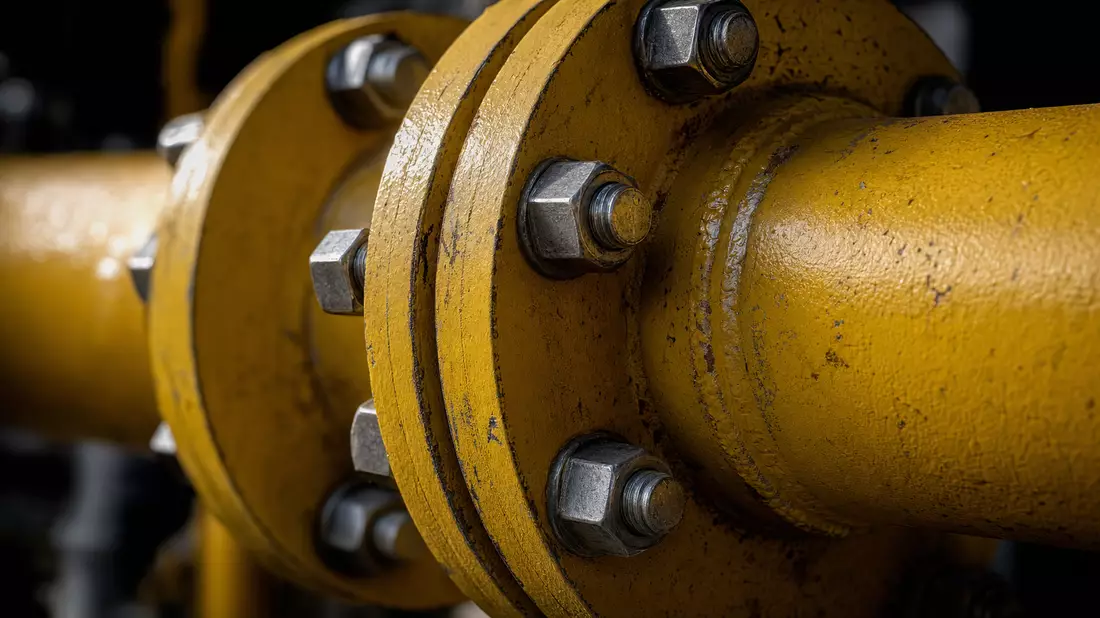 Makrofoto einer gelben Gasrohr-Flanschverbindung mit Metallschrauben