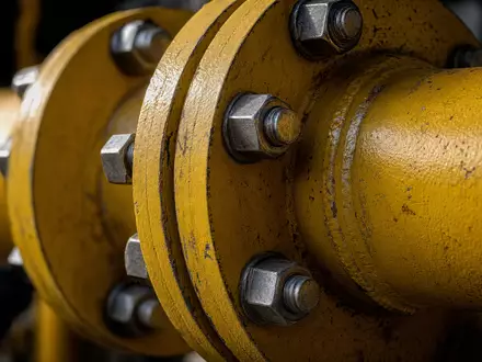 Makroaufnahme einer gelben Rohrflanschverbindung zeigt Materialdetails, wie sie im Gasnetz von Italgas S.p.A. (IT0005211237) vorkommen - Foto: THN