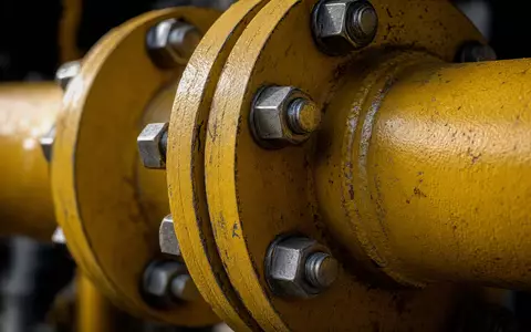 Makroaufnahme einer gelben Rohrflanschverbindung zeigt Materialdetails, wie sie im Gasnetz von Italgas S.p.A. (IT0005211237) vorkommen - Foto: THN
