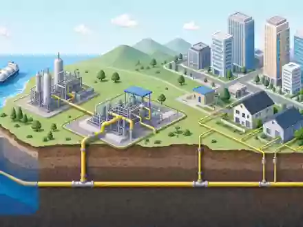 Isometrische 3D-Grafik der Gas-Wertschöpfungskette veranschaulicht das Geschäftsmodell von Italgas S.p.A. (IT0005211237) von Quelle bis Haushalt - Foto: THN