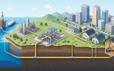 Isometrische 3D-Grafik der Gas-Wertschöpfungskette veranschaulicht das Geschäftsmodell von Italgas S.p.A. (IT0005211237) von Quelle bis Haushalt - Foto: THN
