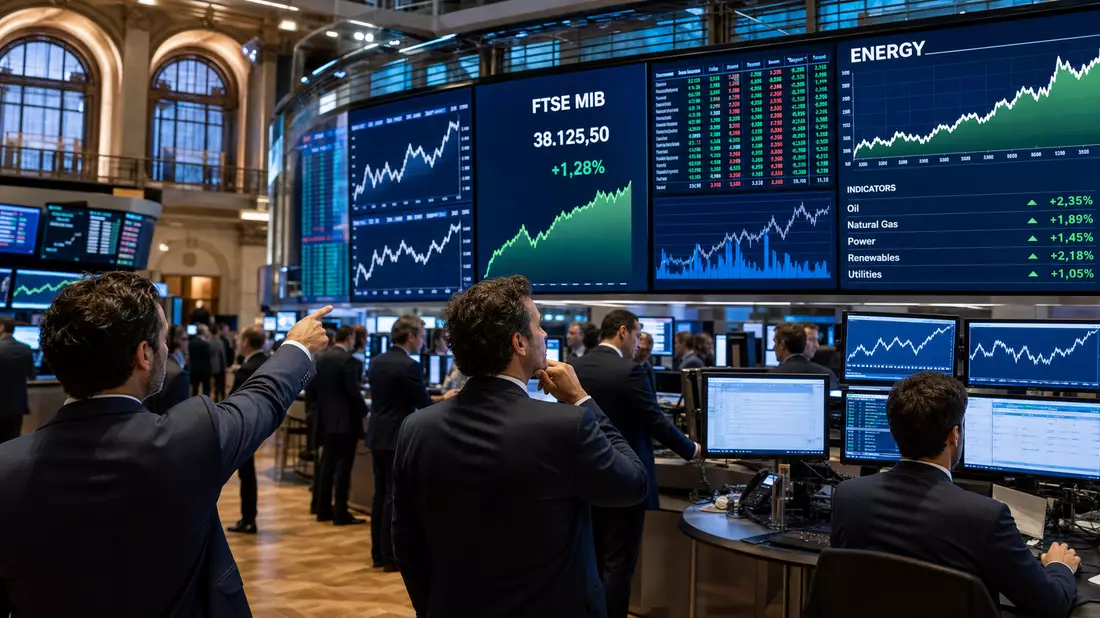 Trading-Floor mit Kurstafeln, Energie-Charts und FTSE-MIB-Anzeige