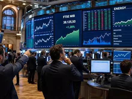 Börsen-Editorial zeigt Trading-Floor mit Energie-Charts und FTSE-MIB-Kurstafel, relevant für Italgas S.p.A. (IT0005211237) als Indexmitglied - Foto: THN