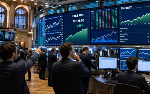 Börsen-Editorial zeigt Trading-Floor mit Energie-Charts und FTSE-MIB-Kurstafel, relevant fĂŒr Italgas S.p.A. (IT0005211237) als Indexmitglied - Foto: THN