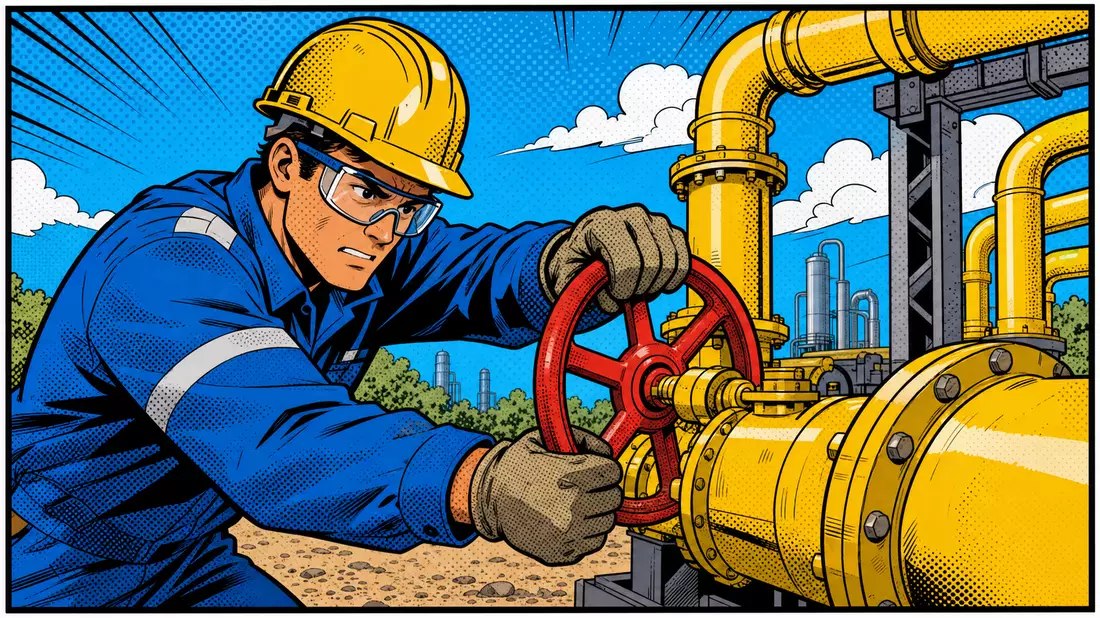 Pop-Art-Comic eines Gastechnikers, der ein rotes Ventil an gelber Pipeline dreht