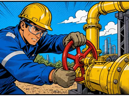 Pop-Art-Comic zeigt Gastechniker an Ventil, farbenfrohe Illustration passend zur Branche von Italgas S.p.A. (IT0005211237) - Foto: THN