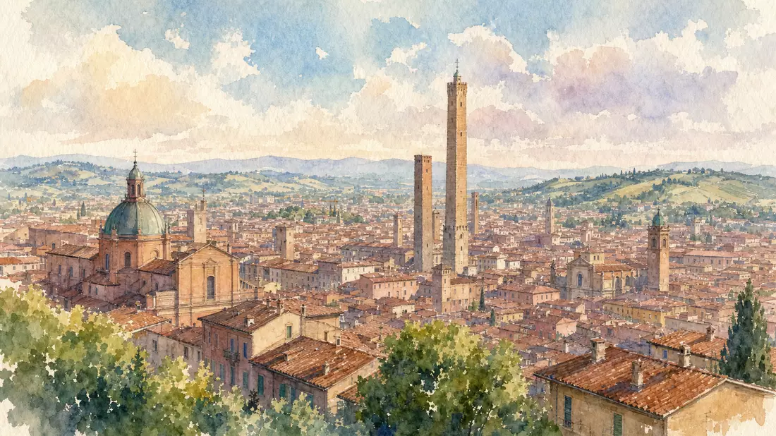 Aquarellmalerei der Stadt Bologna mit Türmen und Dächern, Symbolbild für Hera S.p.A