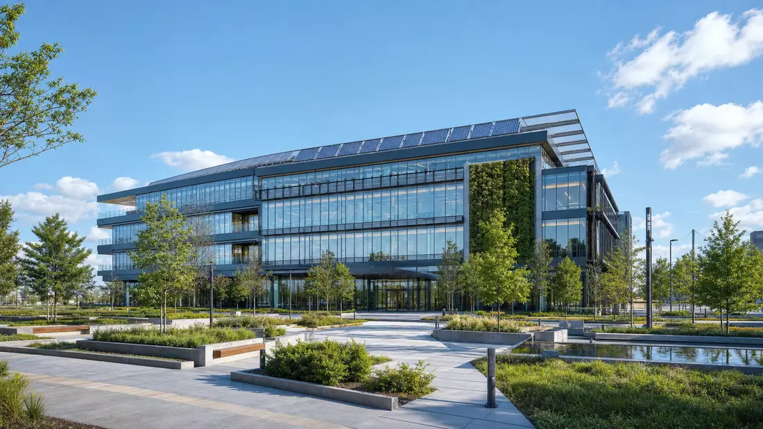 Architektur-Render eines modernen Glasbürogebäudes mit Solarpanels, Symbolbild für Hera S.p.A