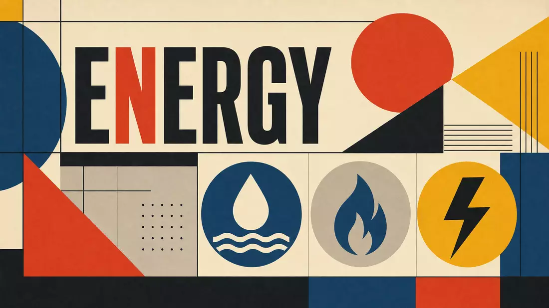 Geometrisches Bauhaus-Poster mit Energie-Schriftzug und Symbolen, Symbolbild für Hera S.p.A