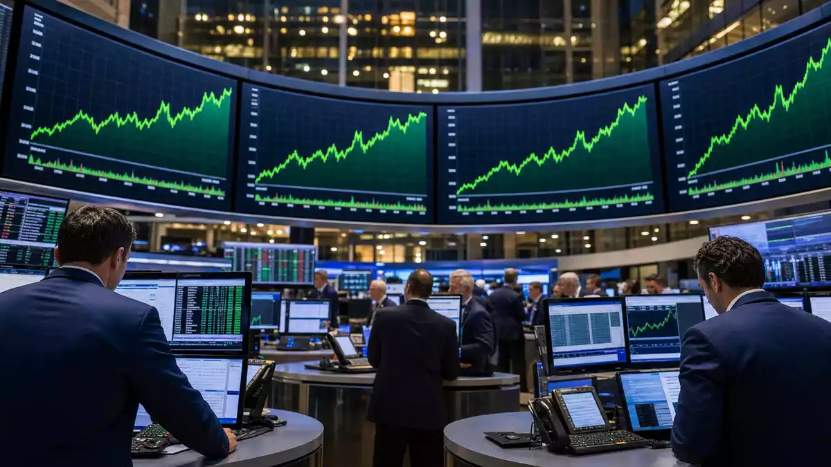 Trading-Floor mit Kurscharts und Händlern, Symbolbild für die Börsennotierung von Hera S.p.A