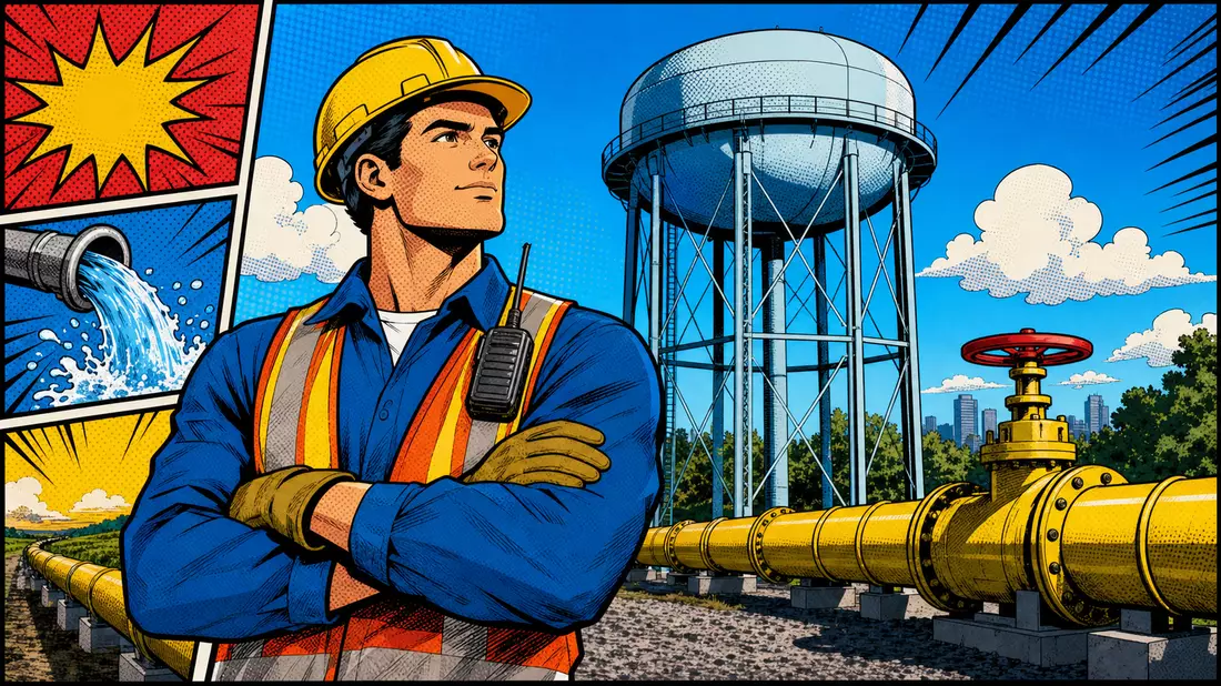 Comicillustration eines Versorgungsarbeiters vor Wasserturm und Pipeline, Symbolbild für Hera S.p.A