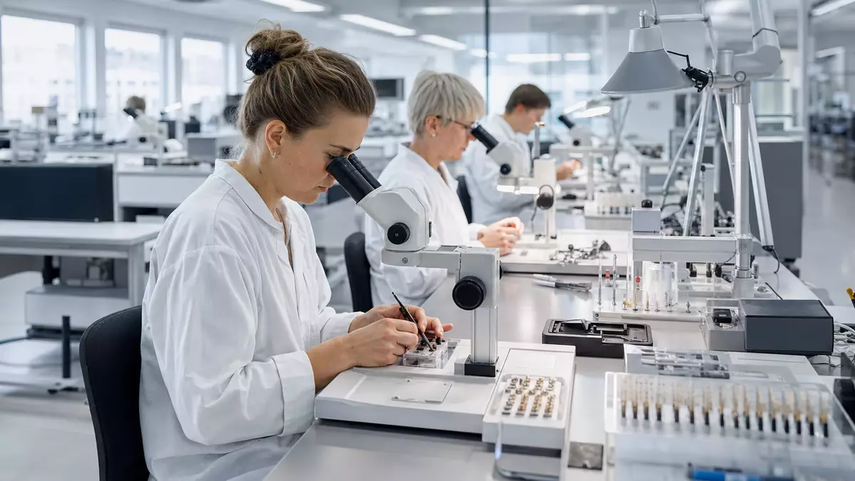 Fotorealistische Szene einer Hörgeräte-Fertigung in modernem Reinraum, Medizintechnik-Industrie