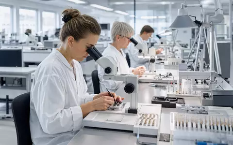 Fotorealistisches Bild zeigt Demant A/S, ISIN DK0010268440, mit Hörgeräte-Fertigung und modernem Reinraum in Dänemark - Foto: THN