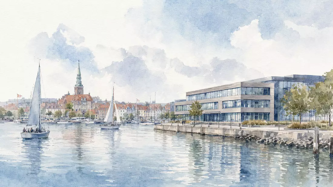 Aquarellgemälde einer dänischen Küstenstadt mit modernem Bürogebäude am Wasser