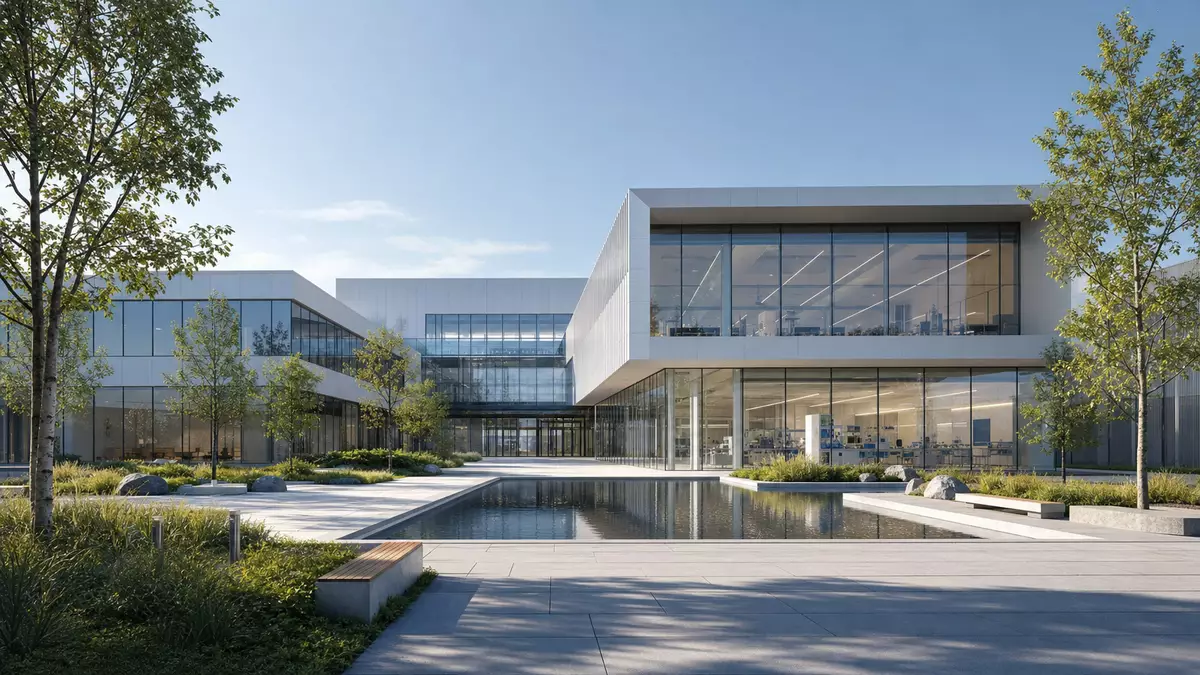 Architektonisches 3D-Render eines modernen Forschungsgebäudes für Medizintechnik