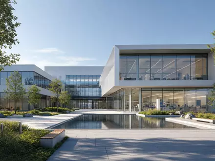 Architektur-Render zeigt Demant A/S, ISIN DK0010268440, mit futuristischem Forschungsgebäude für zukunftsweisende Medizintechnik-Innovationen und moderne Glasfassade - Foto: THN