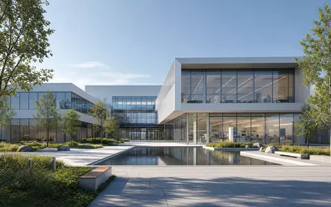 Architektur-Render zeigt Demant A/S, ISIN DK0010268440, mit futuristischem Forschungsgebäude für zukunftsweisende Medizintechnik-Innovationen und moderne Glasfassade - Foto: THN