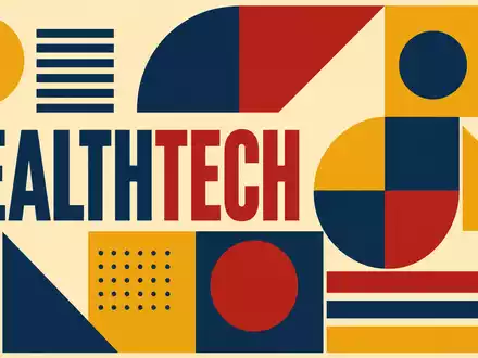 Bauhaus-Poster präsentiert Demant A/S, ISIN DK0010268440, mit geometrischen Formen und dem Sektor-Text HEALTHTECH - Foto: THN