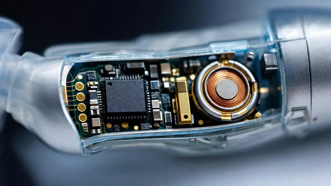 Makrofotografie winziger elektronischer Bauteile im Inneren eines Hörgeräts