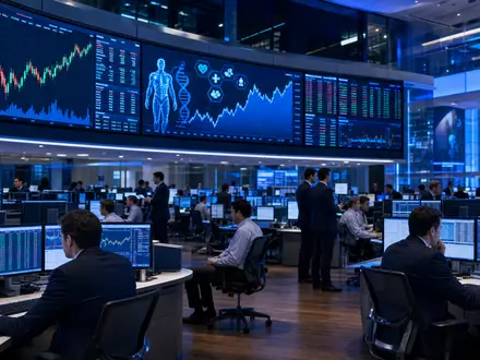 Börsen-Editorial-Foto zeigt Demant A/S, ISIN DK0010268440, mit Handelssaal der Nasdaq Copenhagen und Medizintechnik-Charts - Foto: THN