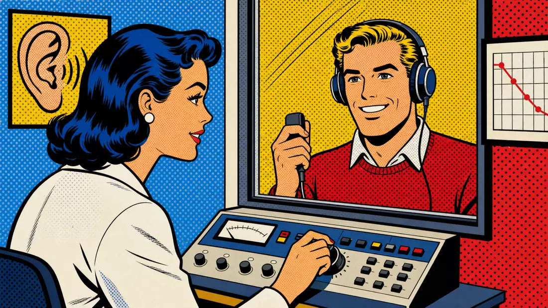 Pop-Art-Comic-Illustration einer Hörtest-Szene mit kräftigen Farben und Halbtonpunkten