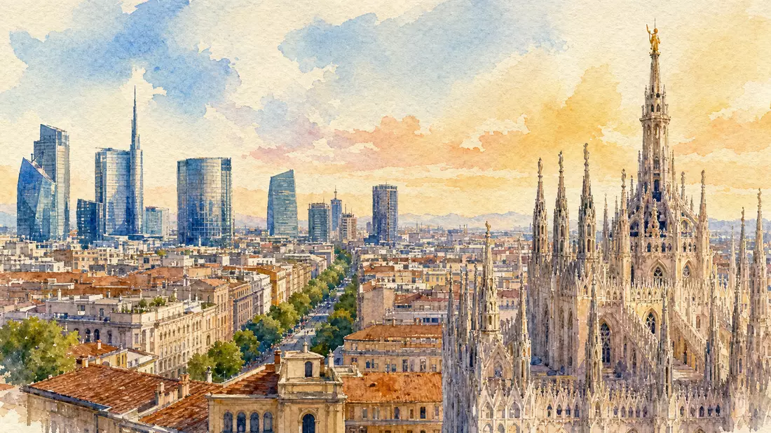 Aquarellmalerei der Mailänder Skyline mit Dom und Bürotürmen
