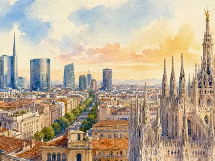 Aquarellansicht der Mailänder Skyline steht für den Hauptsitz von Nexi S.p.A., Aktie mit ISIN IT0005366767 - Foto: THN