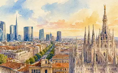 Aquarellansicht der Mailänder Skyline steht für den Hauptsitz von Nexi S.p.A., Aktie mit ISIN IT0005366767 - Foto: THN