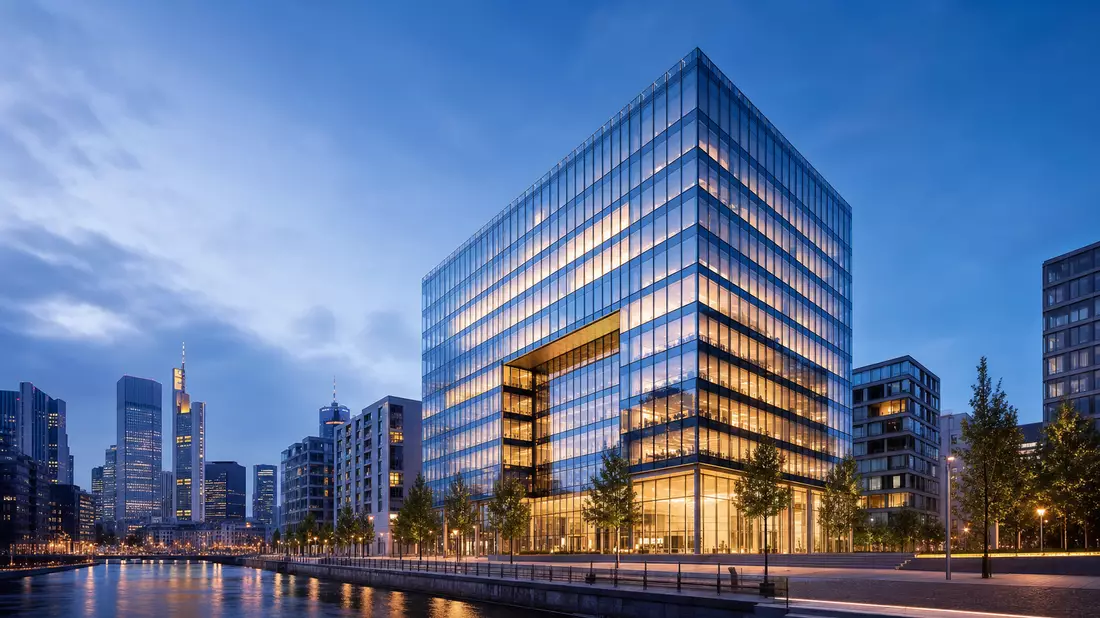 3D-Architekturrender eines modernen Glas-Bürohochhauses zur blauen Stunde