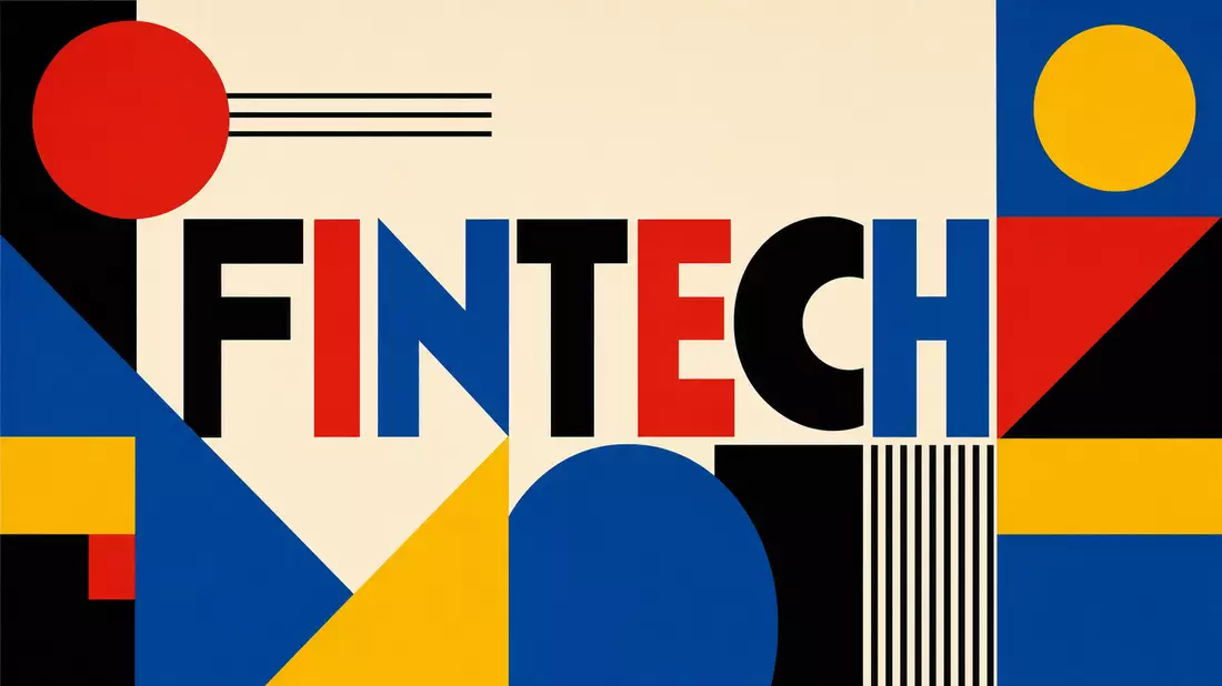 Geometrisches Bauhaus-Poster mit dem Wort FINTECH in kräftigen Farben