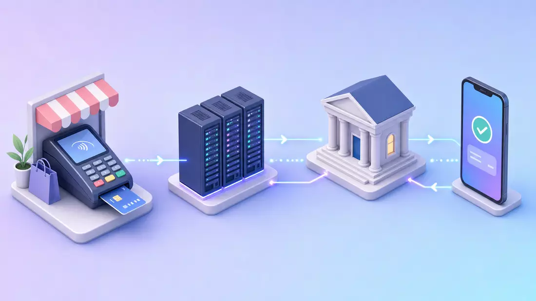 Isometrische 3D-Illustration einer digitalen Zahlungsprozesskette mit Terminal, Server und Bank