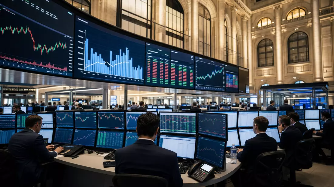 Börsen-Editorialfoto eines Trading-Floors mit großen Kursdiagrammen an der Wand