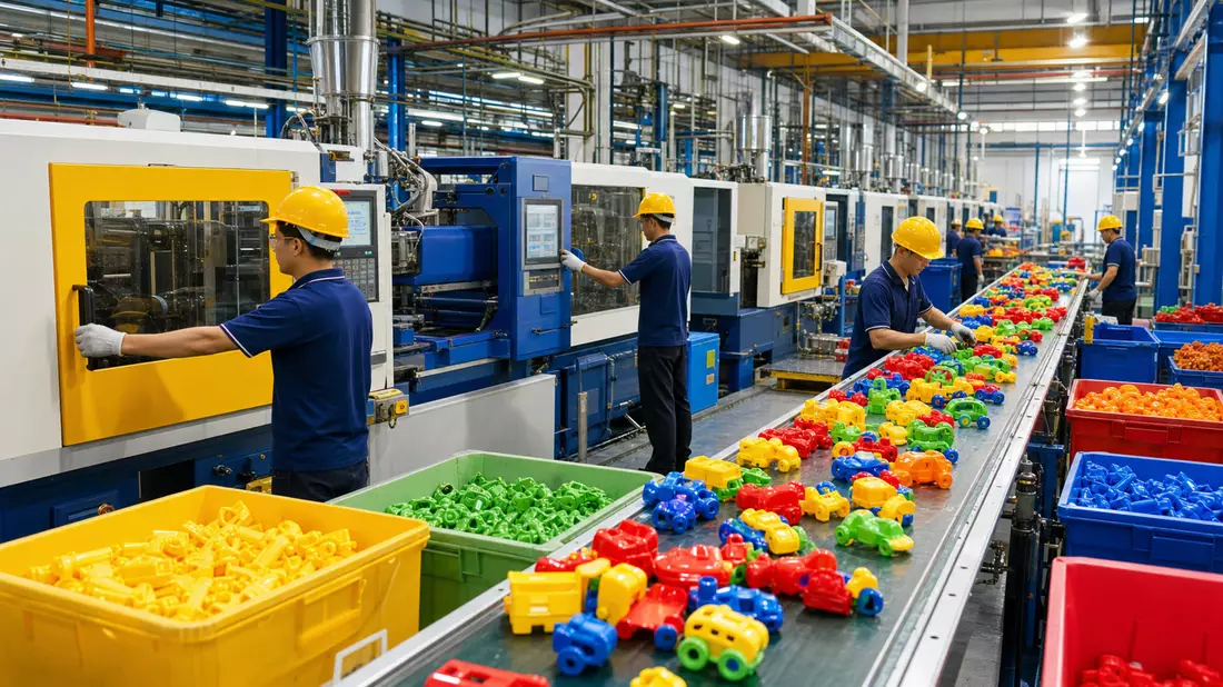 Fotorealistische Spielzeugfabrik von Hasbro Inc. mit bunten Kunststoffteilen auf Förderband