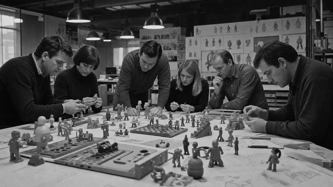 Schwarz-Weiß Reportagefoto von Hasbro Inc. Designern beim Entwickeln von Spielzeugprototypen