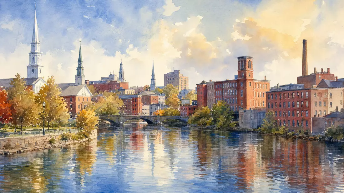 Aquarellgemälde der Hasbro Inc. Heimatstadt Pawtucket Rhode Island am Blackstone River