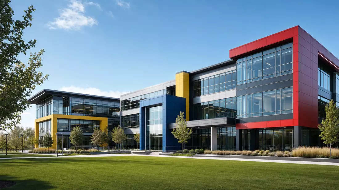 Architektur-Render des Hasbro Inc. Firmengebäudes mit roten blauen gelben Glasfassaden-Akzenten
