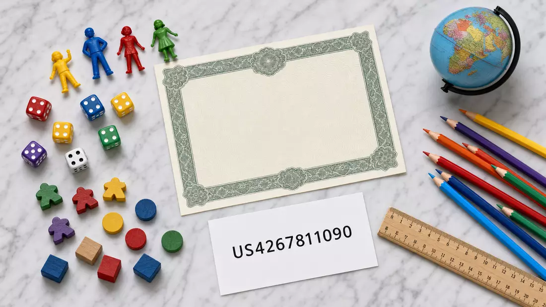 Draufsicht Flatlay mit ISIN US4267811090 Karte, Aktienzertifikat, Spielfiguren und Würfeln auf Marmor