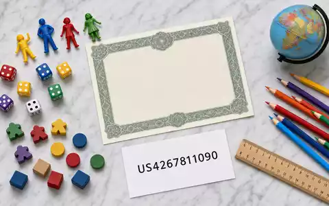 Hasbro Inc. Investoren-Flatlay mit Aktienzertifikat und ISIN US4267811090 Karte auf weissem Marmor - Foto: THN