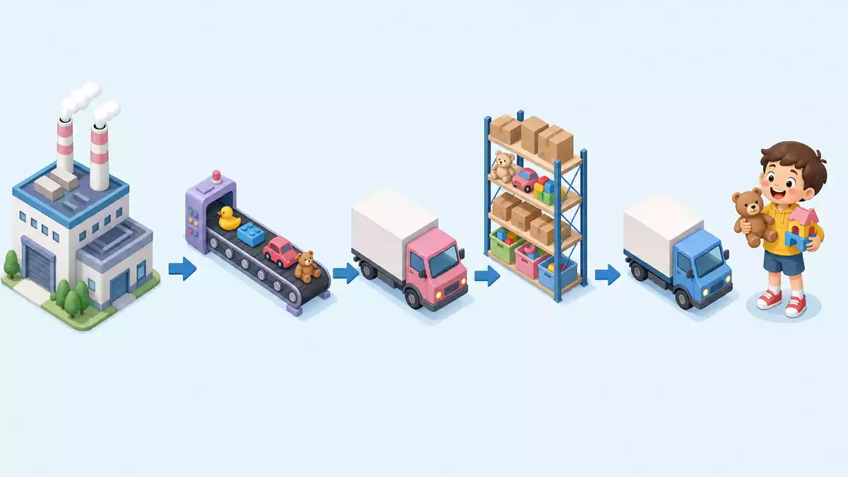 Isometrische 3D-Illustration der Hasbro Inc. Lieferkette von Produktion über Logistik bis Endkunde