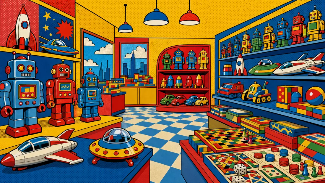 Pop-Art-Comic von Hasbro Inc. mit buntem Retro-Spielzeugladen voller farbiger Roboter und Raumschiffe