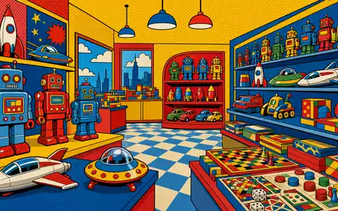 Hasbro Inc. Pop-Art-Comic zeigt bunten Spielzeugladen mit farbigen unmarkierten Robotern ISIN US4267811090 - Foto: THN