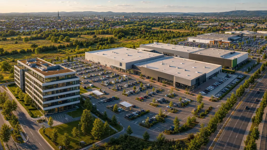 Luftaufnahme eines deutschen Fachmarktzentrums mit angrenzendem Bürogebäude und Parkplatz