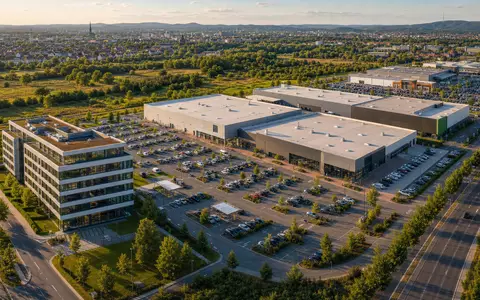 Hamborner REIT DE0006013006 – Luftbild eines deutschen Fachmarktzentrums mit Bürogebäude und Parkplatz - Foto: THN