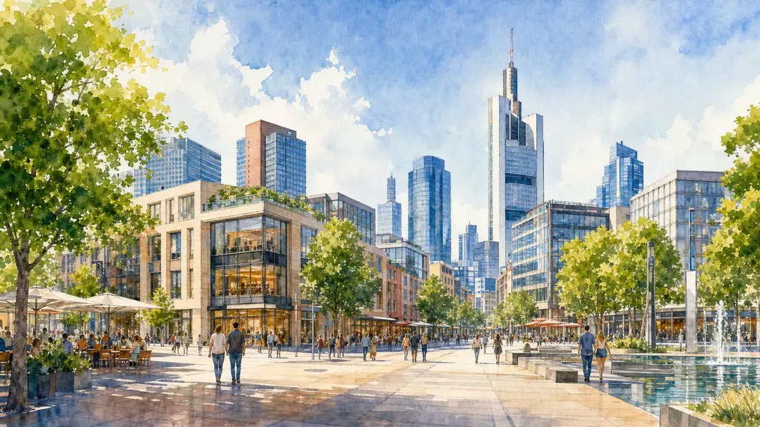 Aquarellillustration eines deutschen Stadtzentrums mit modernen Büro- und Einzelhandelsgebäuden
